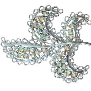 Vintage Emmons Rhinestone Brooch Floral Silver Sparkle  Leaf Signed Pin Paisley